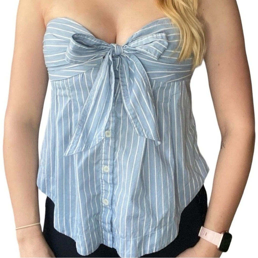 Free People Light Blue and White Striped Strapless Bow Blouse Size M
